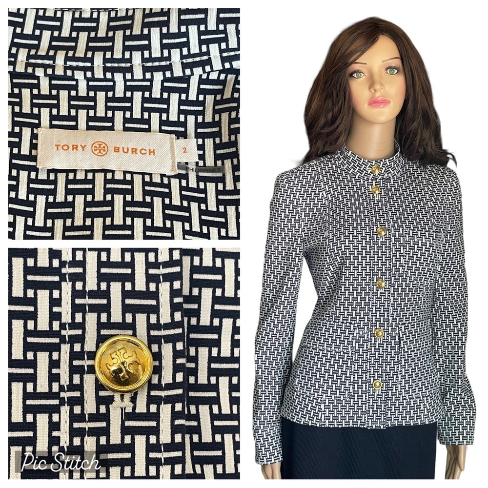 Tory Burch Cameron Crosshatch-print Jacket IvoryNavy with a Mandarin Collar SZ 2